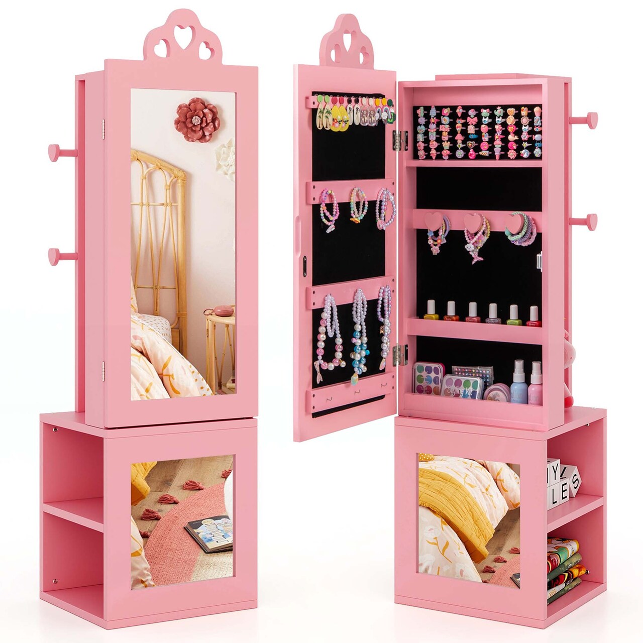 Costway Kids Jewelry Cabinet Standing Children Jewelry Organizer with Full-Length Mirror White/Pink